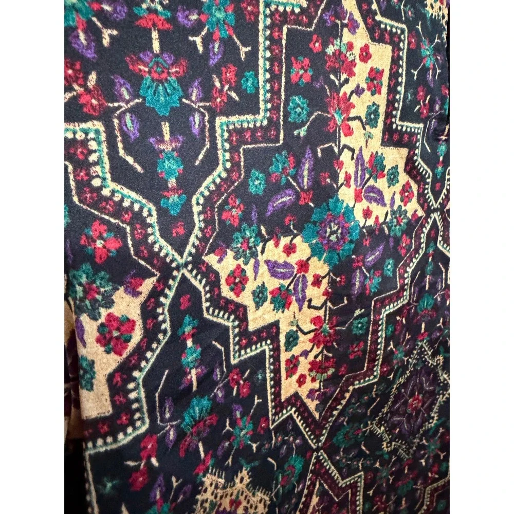 Loft Blouse Womens Large Multicolor Geometric Medallion Satin Puff Sleeve Boho